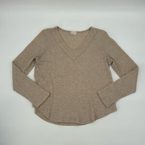 Altard State Womens Waffle Knit V-Neck Long Sleeve Top, Beige, Casual size Small